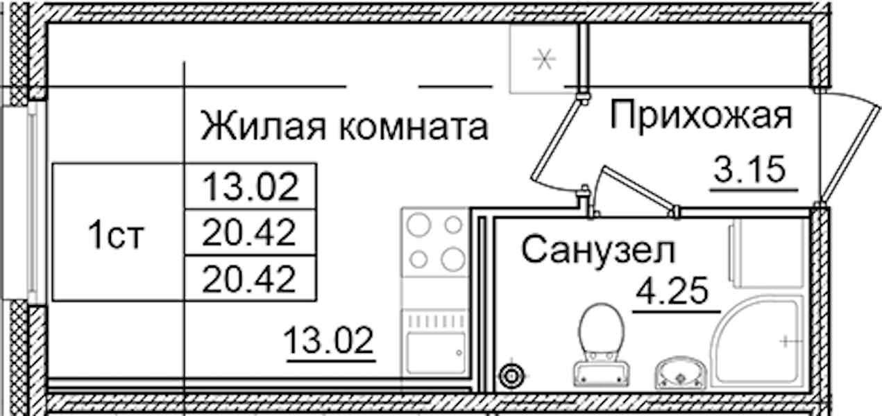 Квартира студия 20.42 м², 2/9 эт., ЖК «Квартал Заречье»
